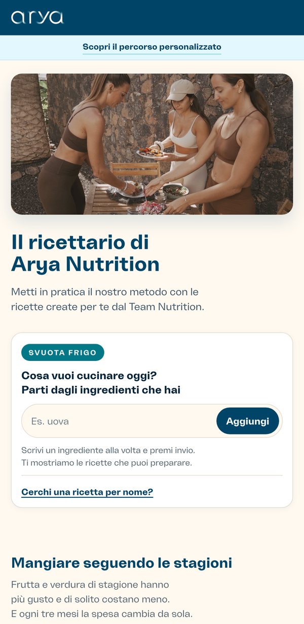 Il ricettario online di Arya Nutrition visto dal telefono
